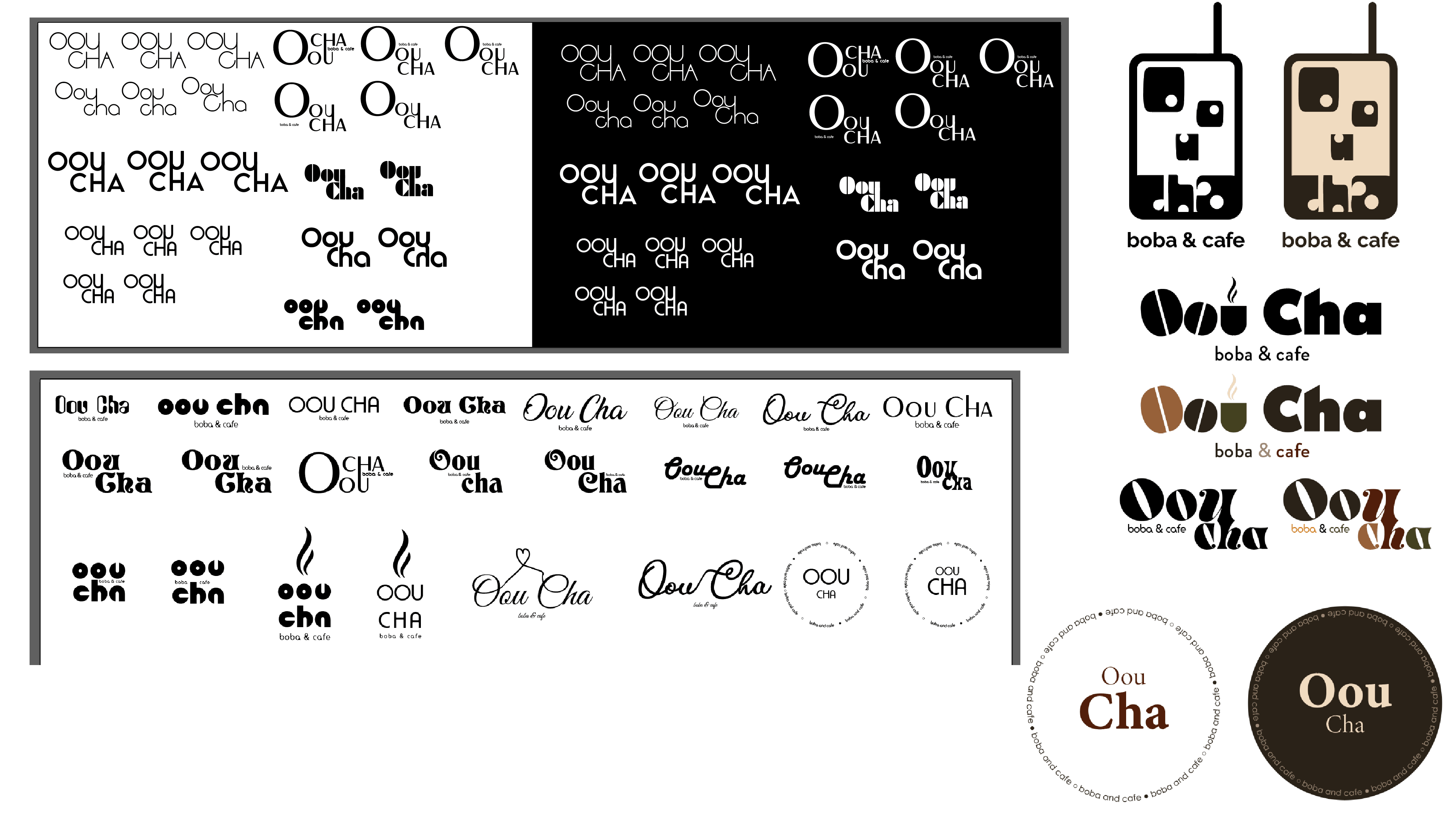 logo concepts with a focus on boba and coffee. also features a bunch of text only logos