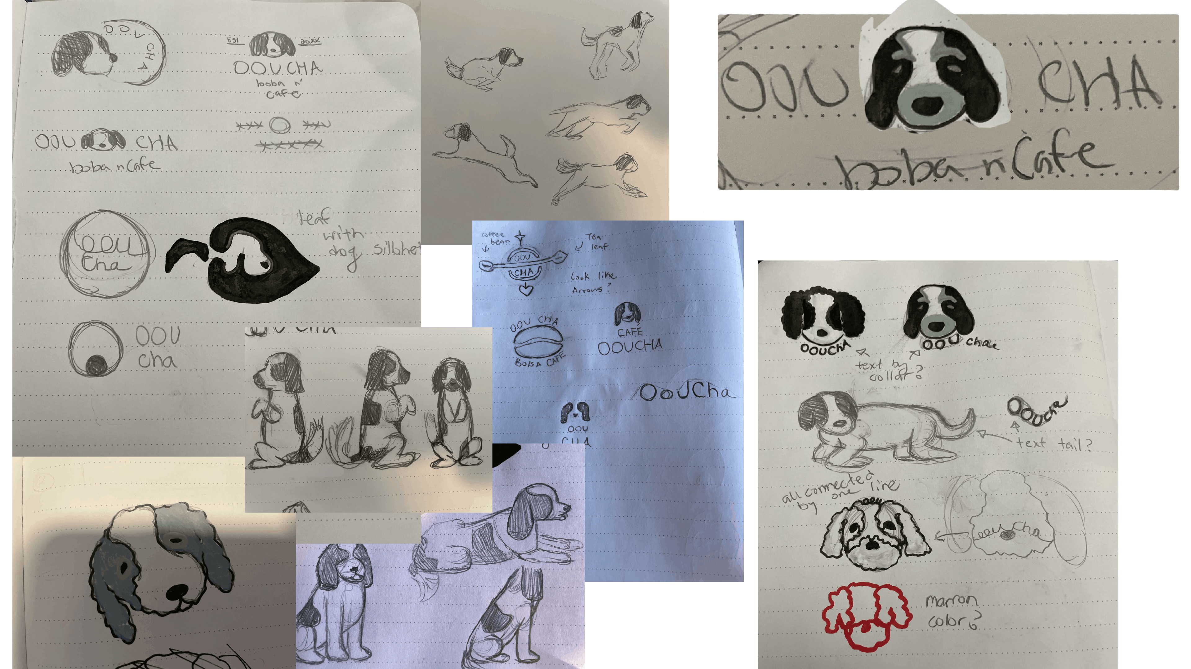 sketches of various logos featuring a dog and cafe themes