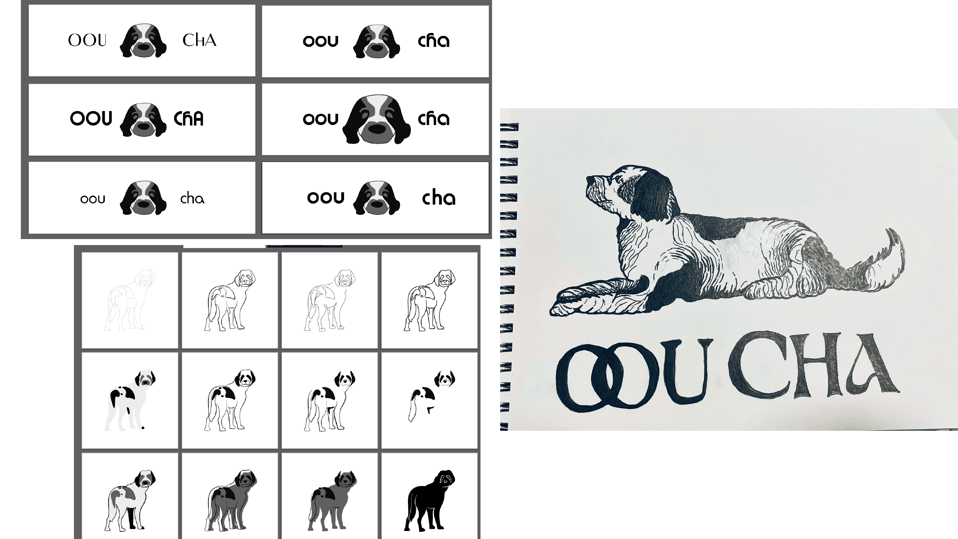 logos focusing on the finalizing of the oou cha logo featuring a dog in various positions that were hand-drawn then in turn digitized