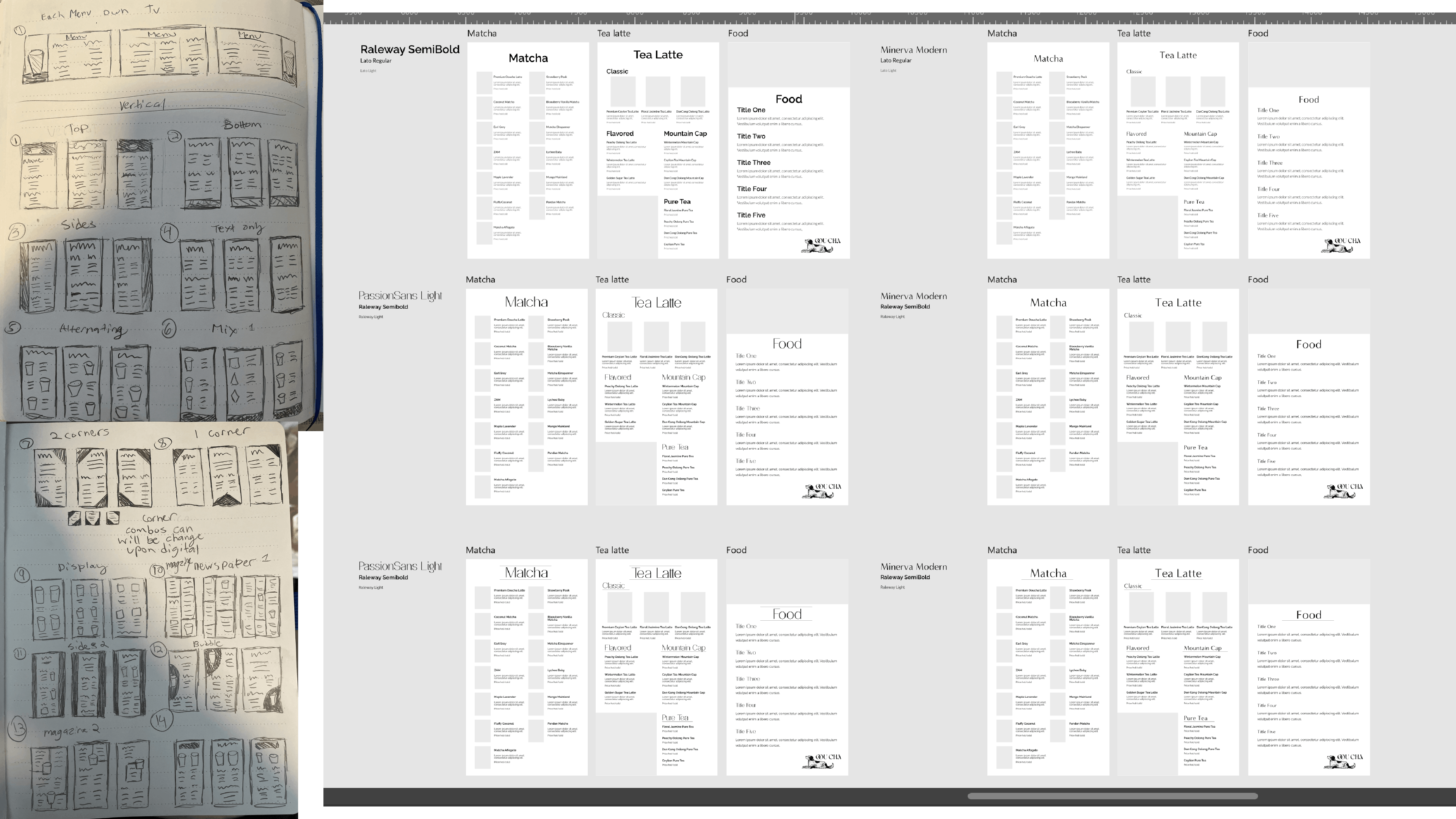 sketches and wireframes of menu designs and various font choices