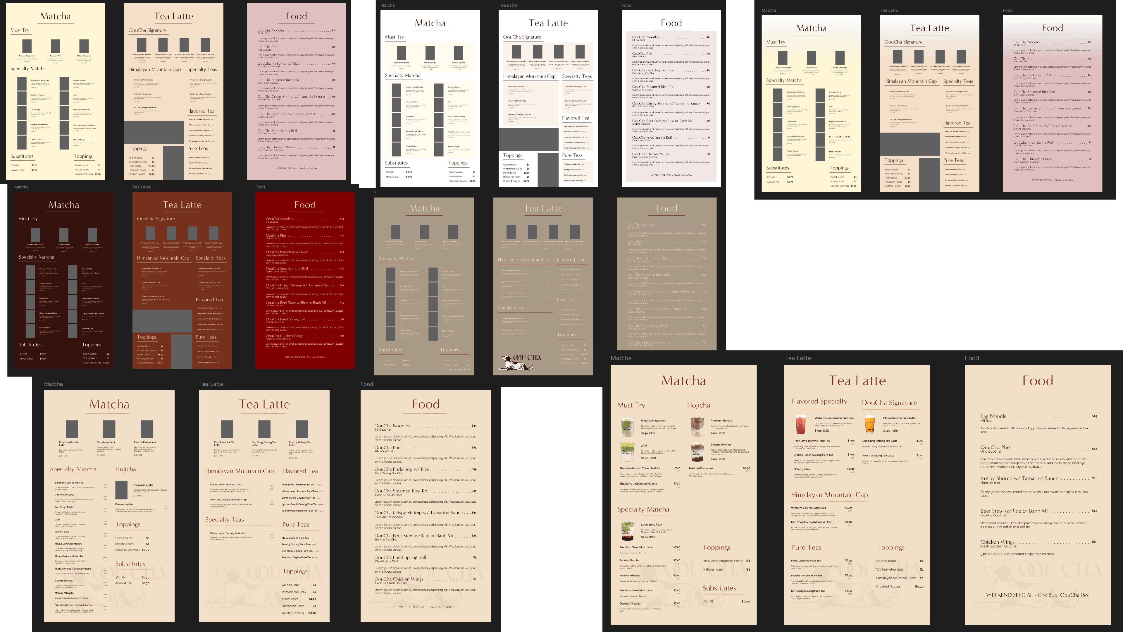 mid fidelity wireframes featuring various color schemes and styles for the menu
