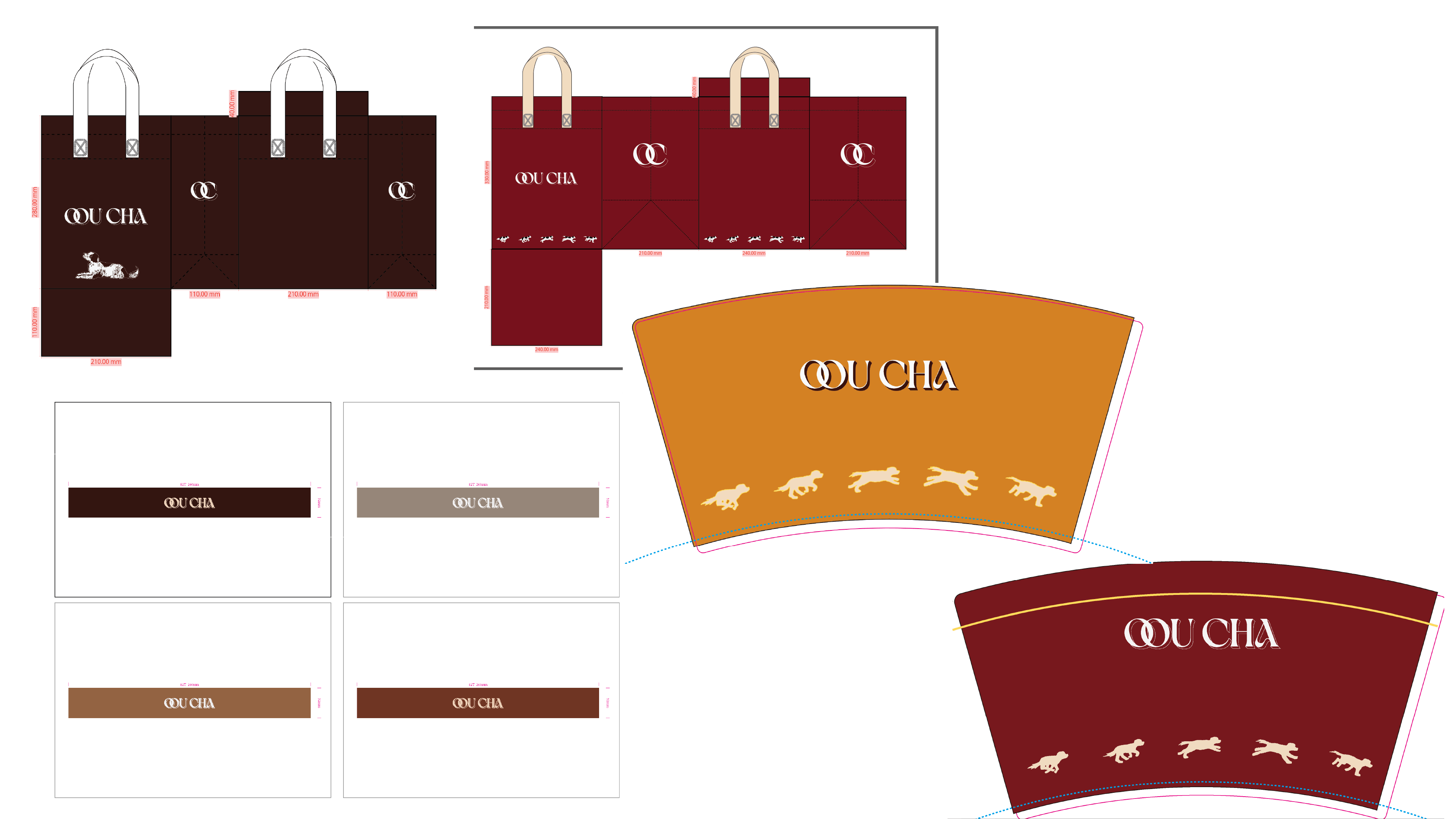 product design of various items being provided to customers. bags, cups, and straws